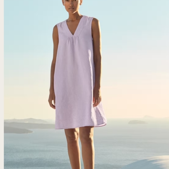 Poetry Minimalist A Shape Linen Lavender Sleeveless V-Neck Dress Sz 12 Pockets - Picture 3 of 7